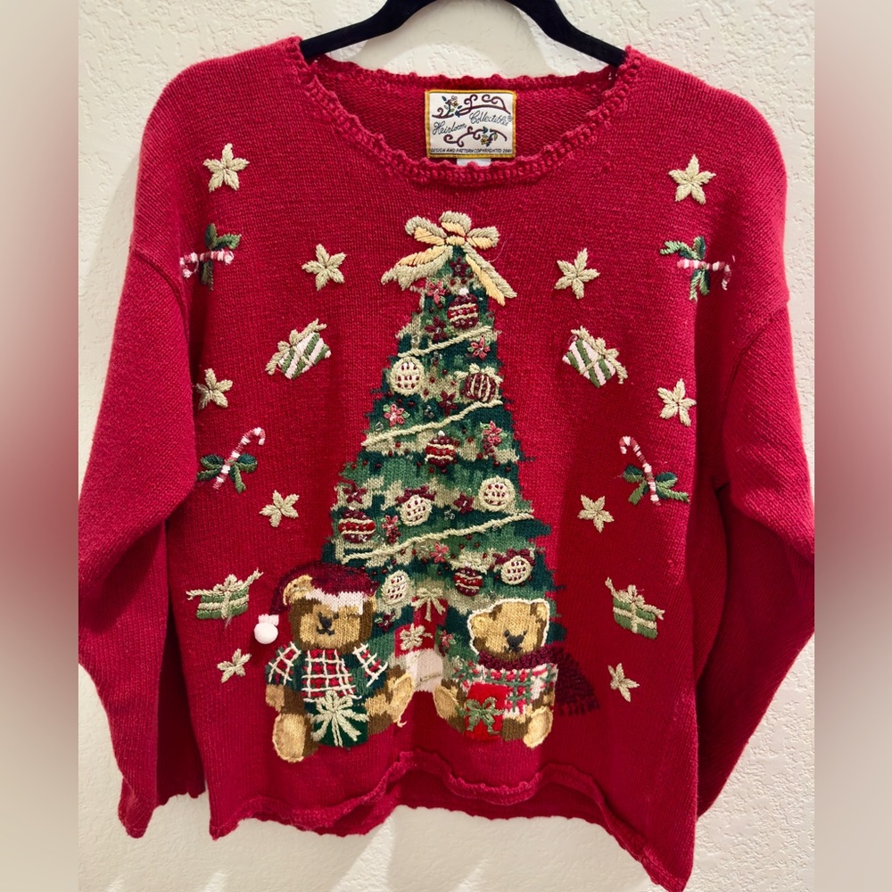 Festive Red Sweater with Christmas Tree Design
